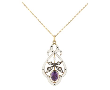 An Edwardian amethyst, pearl and enamel set pendant  of open scrolling design, the white enamel border enclosing seed pearl s