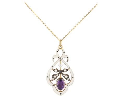 An Edwardian amethyst, pearl and enamel set pendant  of open scrolling design, the white enamel border enclosing seed pearl s