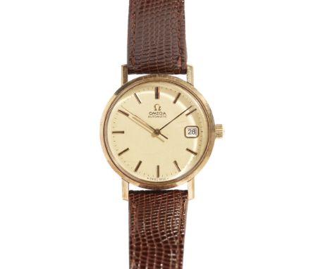 A gentleman's 9ct gold wrist watch, Omega  champagne dial, gilt baton indicators, sweep second hand, date aperture, leather s