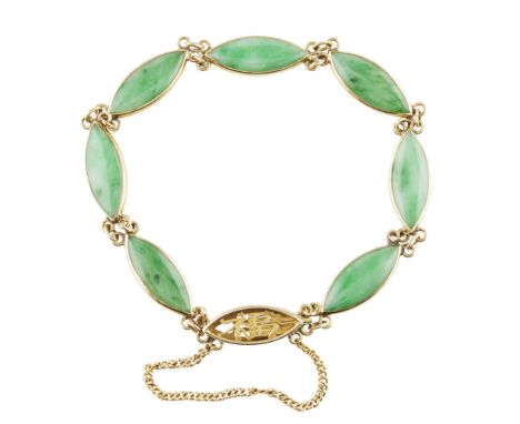A jade set bracelet  composed of seven marquise jade set links, the concealed clasp with pierced Chinese characters, marked t