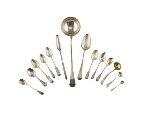 A miscellaneous collection of Georgian and other flatware  to include: a soup ladle, RC London 1797, old English pattern ; a 