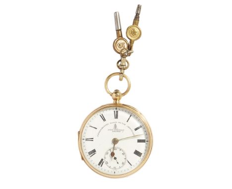 A gentleman's 18ct gold open-faced pocket watch, John Forrest London  white enamel dial with subsidiary seconds dial, lever m