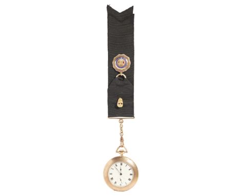 A 9ct gold open-faced pocket watch and fob  the watch with engine turned case, textured dial, subsidiary seconds dial with Ro