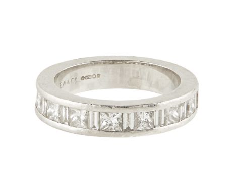 A diamond set half-eternity ring  channel set with a row of alternating baguette and princess cut diamonds, to a plain platin