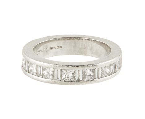 A diamond set half-eternity ring  channel set with a row of alternating baguette and princess cut diamonds, to a plain platin