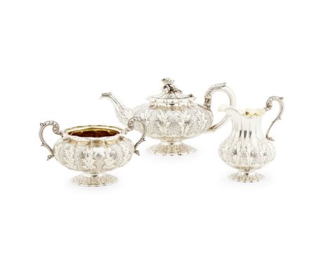 A William IV three piece tea service  Robert Hennell III, London 1834, comprising teapot, twin handled sugar basin and milk j