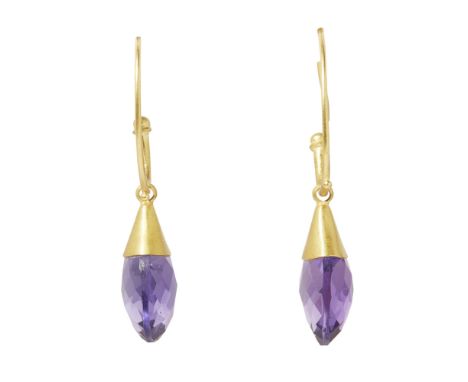 A pair of amethyst set drop earrings  each set with a mixed pear-shaped amethyst, to a plain 18ct gold hook fitting  Length: 