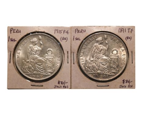 PERU, REPUBLIC 1 SOL 1891 T.F.; 1915 F.G. (2)
Liberty seated right, denomination below, reverse with coat of arms within wrea