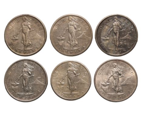 PHILIPPINES 1 PESO 1903-1912, SMALL AND LARGE TYPE (6)
Standing female figure holding an anvil, a volcano beyond, reverse wit