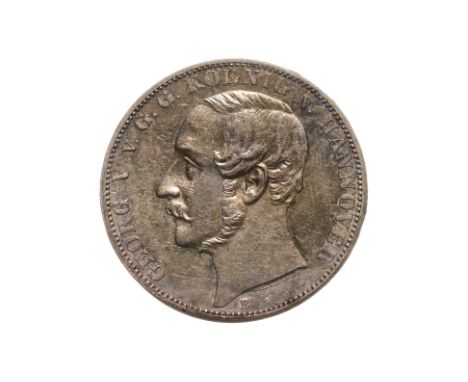GERMANY HANNOVER GEORGE V 1 VEREINSTHALER 1866 B
Portrait bust facing left, mint mark below, reverse with coat of arms, date 