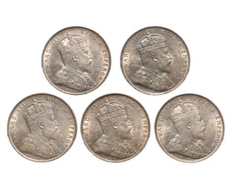 STRAITS SETTLEMENTS EDWARD VII 1 DOLLAR 1907 (5)
Crowned bust facing right, reverse with Arabesque design with denomination i