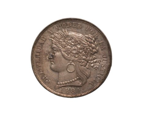 PERU, REPUBLIC 5 PESETAS 1880 BF
No dot after B below wreath, (KM.201.1), approx AU with toning

Collectors Notes: Acquired N
