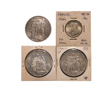 FRANCE, 19TH CENTURY, 5 FRANCS 1848; 1873; 1876; 1 FRANC 1867 (4)
Comprising: 5 Francs, 1848 A, approx XF; 5 Francs 1873 A, a