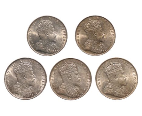 STRAITS SETTLEMENTS EDWARD VII 1 DOLLAR 1908 (5)
Crowned bust facing right, reverse with Arabesque design with denomination i