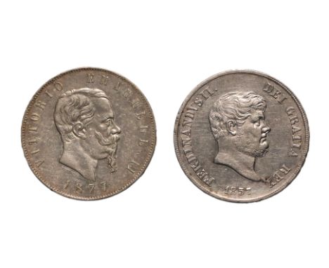 ITALY 120 GRANA 1857; 5 LIRE 1877 (2)
Ferdinand II, 120 Grana 1857, approx XF, acquired March 1980;
Victor Emmanuel II, 5 Lir
