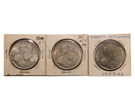 STRAITS SETTLEMENTS EDWARD VII 1 DOLLAR 1909 (3)
Crowned bust facing right, reverse with Arabesque design with denomination i