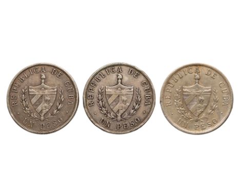 CUBA 1ST REPUBLIC 1 PESO 1915; 1934 (3)
Coat of arms with value below, reverse with five-pointed star, date below, 1915 (x2),
