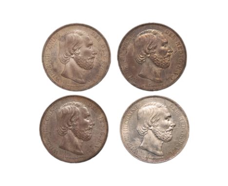 NETHERLANDS WILLEM III 2 1/1 GULDEN 1871; 1872; 1873 (4)
Portrait bust facing right, reverse with crowned Dutch arms and deno