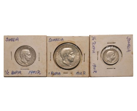 SOMALIA (ITALIAN SOMALILAND) VICTOR EMMANUEL III 1/4; 1/4; 1 RUPIA 1910 R (3)
Portrait bust facing right, reverse with denomi