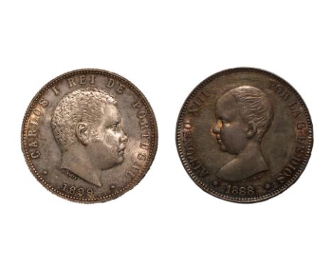 SPAIN 5 PESETAS 1888; PORTUGAL 1000 REIS 1899 (2)
Spain Alfonso XIII, 5 Pesetas, MPM, XF+ with toning, ex-Springfield Collect