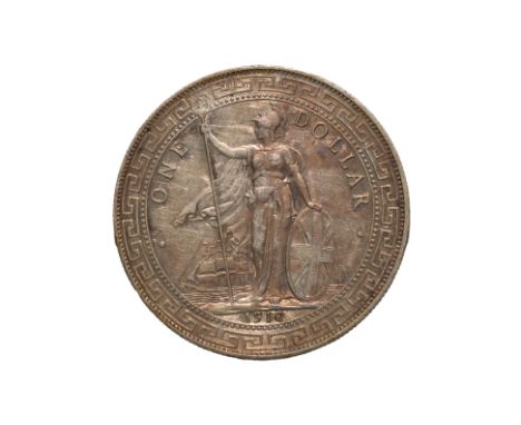 GREAT BRITAIN BRITISH TRADE DOLLAR 1910/00 B OVERDATE
Britannia standing holding a trident and a shield, date below, reverse 