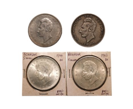 ECUADOR, REPUBLIC 1 SUCRE 1889 H; 1897 L ; 5 SUCRES 1943; 1944 M (4)
1 Sucre, 1889 Heaton mint, approx VF-XF; 
1 Sucre, 1897 