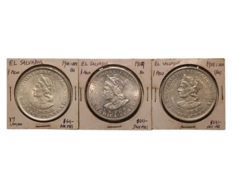 EL SALVADOR, REPUBLIC 1 PESO 1908; 1909 C.A.M. (3)
Bust of Christopher Columbus facing left, reverse with national coat of ar