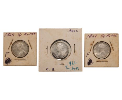 INDIA VICTORIA 1/4 RUPEE 1862; 1901 (3)
Crowned bust facing left, reverse with denomination and date at centre within foliate