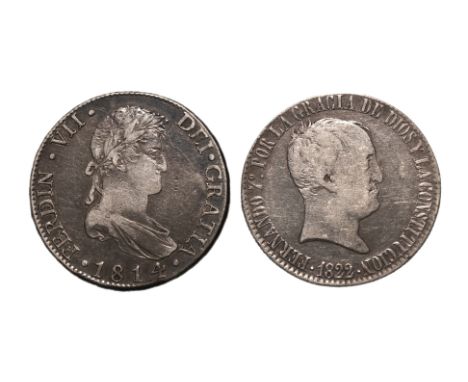 SPAIN - 8 REALES 1814; 20 REALES 1822 (2)
Ferdinand VII, 8 Reales 1814 M.G.J., Madrid mint, some toning, acquired May 1981, n