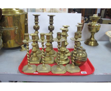 Six Pairs of Brass Candlesticks, the highest 29cm, 1924 Empire Exhibition tea caddy:- On Tray