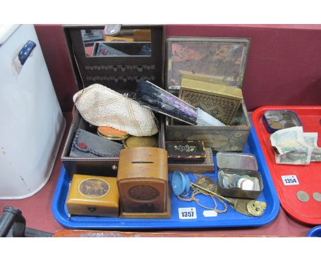 Treen York Cathedral Money Box, as a mantle clock, Gisland box, XIX Century snuff box, powder compacts, tin, etc:- One Tray