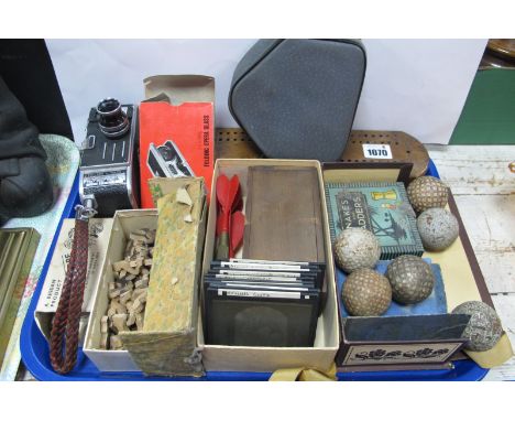 Early Golf Ball, lantern slides, Paillard Bolex C8 Camera, darts, etc:- One Tray