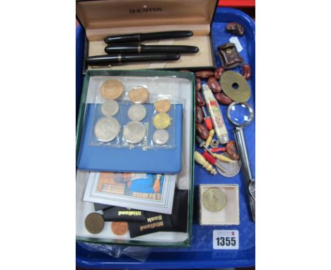 Swan Mabie Todd Ink Pens, having 14k nibs, coinage, magnifier, pen knife, etc:- One Tray.