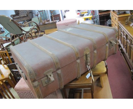 Vintage Wood Bound Steamer Trunk, with inner tray, bearing labels, including RAF Pilots label.