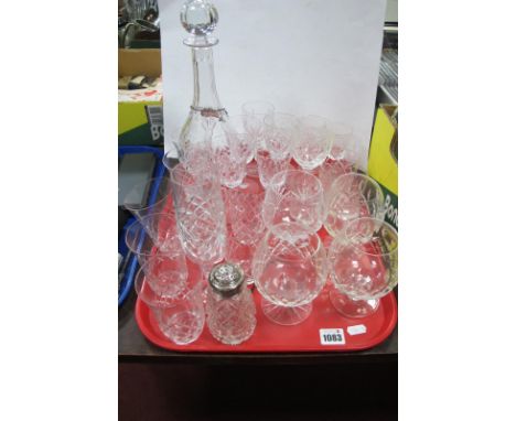 Decanter, silver Sherry label, silver topped sugar castor, drinking glasses:- One Tray.