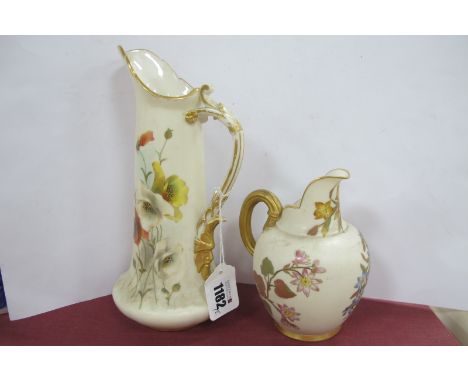 A Worcester Jug (Rd No 291151094) with a gilt handle decorated with flowers with red back stamp to base, 15cm, together with 