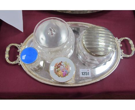 A Hallmarked Silver Lidded Glass Powder Bowl, the engine turned pull off lid (dented) Birmingham 1948; a blue enamel topped g