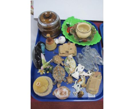 Poole Dolphin, enamelled bird, trinket, Wade Tortoise, tea canister, carved shell, etc:- One Tray.