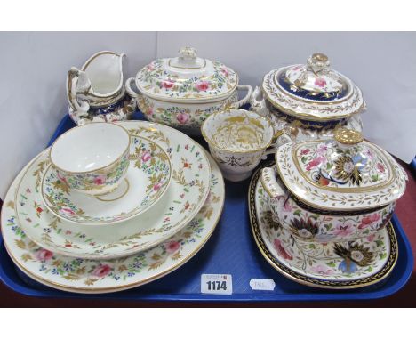 Crown Derby XIX Century Sucrier, three plates, cup and saucer in gilt with pink roses, other XIX Century tea ware:- One Tray.