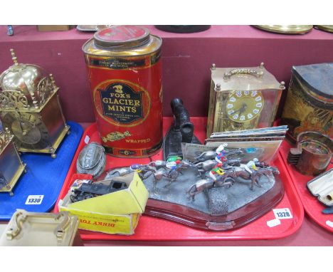 Vintage "Fox Glacier Mints 6d qtr" Confectioner's Sweet Tin, Acctim clock, "National Hunt" metal figure group number 42, post