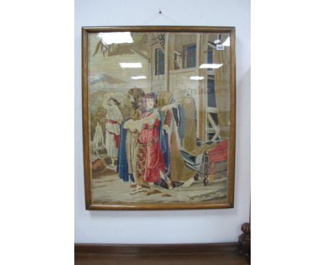 A XIX Century Tapestry, figures outside building, 70.5 x 57cm, later oak framed.