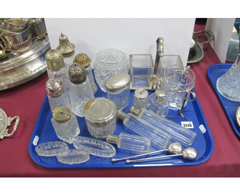 Glass Travelling Jars/Bottles, glass trinket boxes (lacking lids), glass sugar casters, etc :- One Tray 