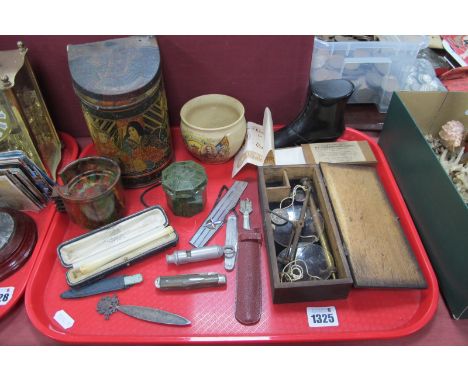 Stadium Bakelite Ashtrays, (5) in holder, Kiwi shoe cream holders in bakelite, ebonised box, cheroot holder in case, whistle,