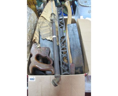 Tools - Eagle Edge Tool Axe, Disston Phila Saw, iron spirit level, garden spray, block plane, etc.