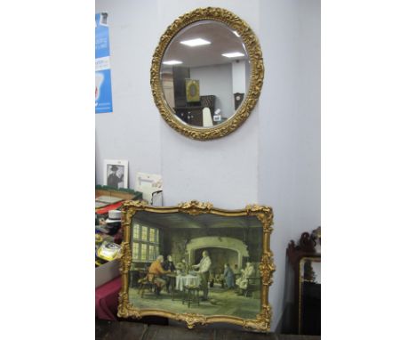 Atsonea Style Gilt Framed Circular Bevelled Wall; Mirror, 56cm diameter, room interior print in similar frame. (2)