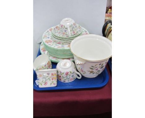 Minton Haddon Hall - two dinner plates, eight medium plates, three saucers, two cups, milk jug, jardiniere and toothpick hold