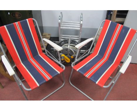 A Fold Up Aluminium Ladder, (8ft 6" extended), two vintage garden chairs and a contemporary hose and reel. (4)