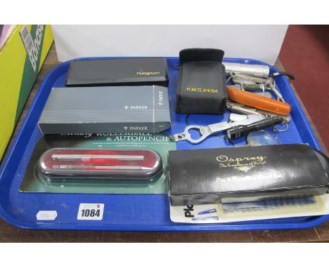 Parker, Platinum and Other Pens, knives, binoculars, button hook:- One Tray