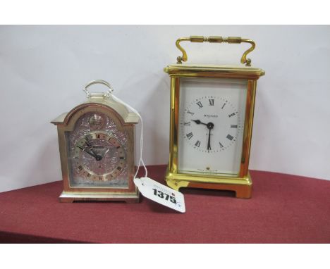 Bayard Brass Cased Carriage Clock, having eight day movement, 12cm high with handle down, Swiza bedside clock. (2)