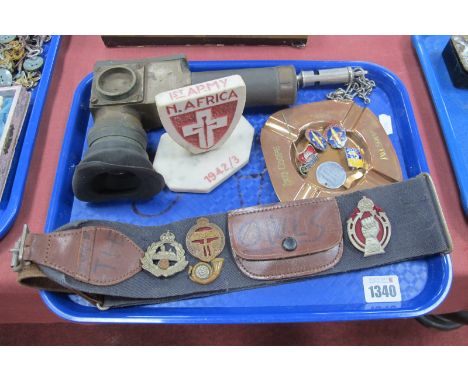 1st Army N. Africa 1942/3 Marble Desk Stand, angular lens probably military, Naafi, RAC, East Lancashire and other badges, wh